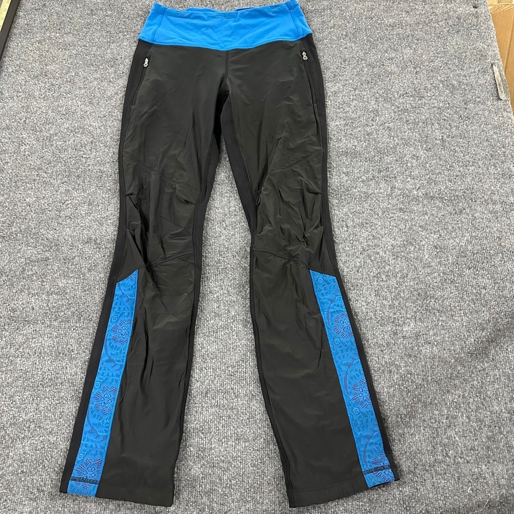 Lululemon Pants Womens Size 4 Black Blue Lace Trim Straight Leg Athletic Yoga